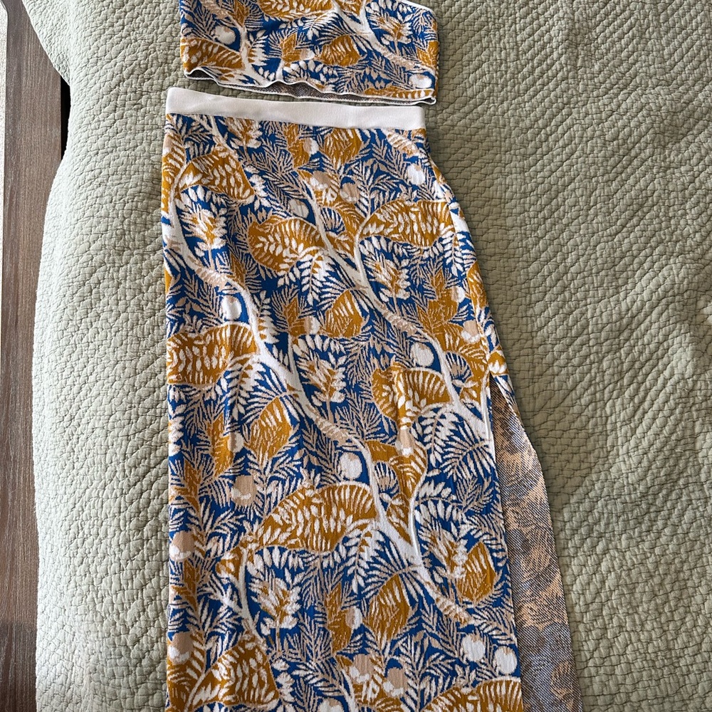 STAUD Giovanni Midi Skirt and top: Land and sea tree print